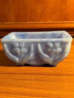 Vintage Akro Agate #657 Blue Slag Glass Planter Daffodil Lily Flowers Swirl USA